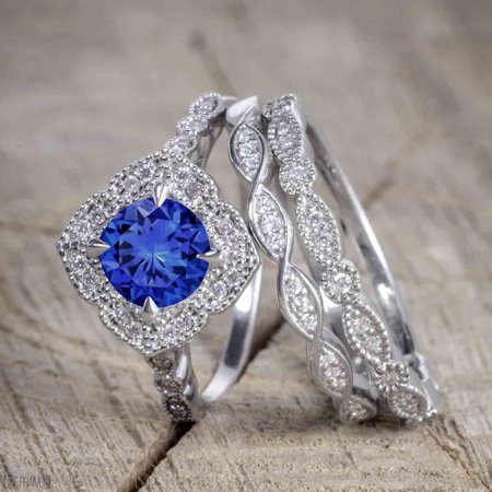 Diamond & Sapphire Wedding Ring - 2 Carat Round Cut Real Sapphire and Diamond Wedding Trio Ring Set with Engagement Ring and 2 Wedding Bands in 18k Gold Over Silver