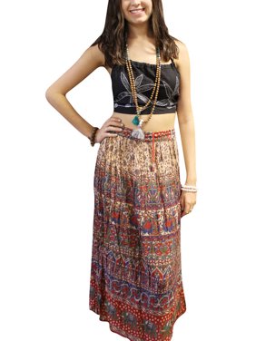 Mogul Women's Long Maxi Skirt 70s Broomstick Elephant Printed Boho Gauze Gypsy Hippie Summer Skirts S/M