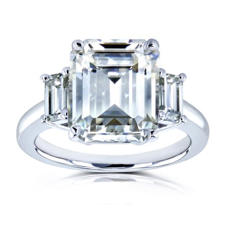 Cut Moissanite Stone - 5 1/2 Carat TGW Three Stone Emerald Cut Moissanite Statement Engagement Ring in 14k White Gold
