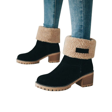 Womens Snow Booties Warm Winter Faux Fur Suede Shoes Square Heels Ankle (Best Snowboard Boots For Heel Hold)