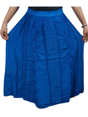 Mogul Women's Rayon Skirt Blue Embroidered Summer Boho Chic Skirts
