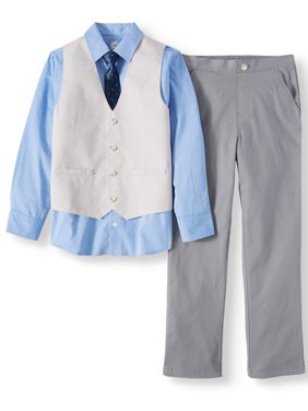 Boys' Dressy Vest Set With Contrast Cuff Shirt, Slub Vest, Skinny Tie and Twill Pants, 4-Piece Outfit Set