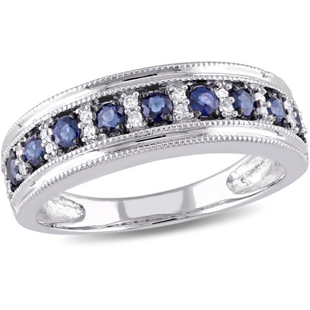 Orange Sapphire Diamond Anniversary Ring - 1/2 Carat T.G.W. Blue Sapphire and 1/10 Carat T.W. Diamond 10kt White Gold Semi-Eternity Anniversary Ring