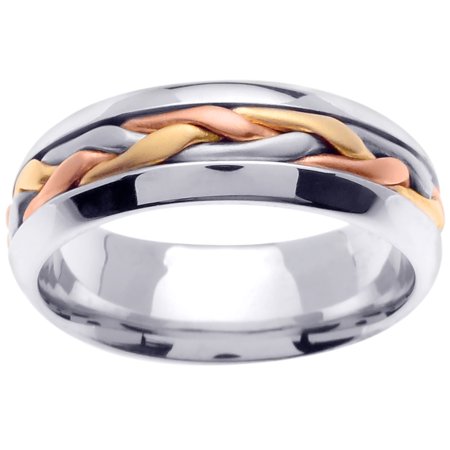 - 18K Tri Color Gold French Braid Handmade Comfort Fit Women's Wedding Band (7mm)