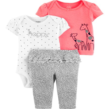 Short Sleeve T-Shirt, Bodysuit, and Pants Outfit, 3 pc set (Baby Girls)