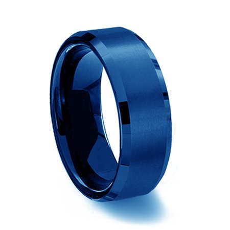 - Gemini His or Her Blue Comfort-Fit Beveled Edge Plain Wedding Band Ttianium Ring Valentine's Day Gift for Men Women, Width 7mm