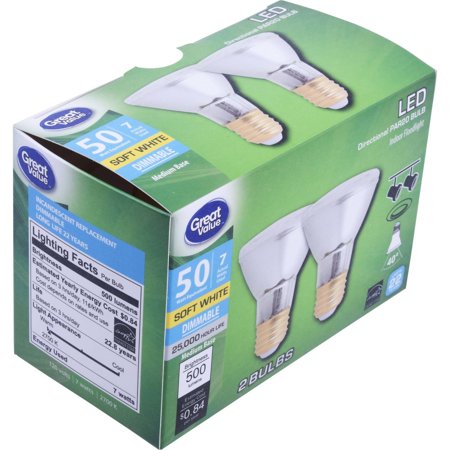 50w White Two Light Great Value LED Indoor Floodlight Light Bulbs, 7W (50W Equivalent), Soft White, Dimmable, 2 Count ()