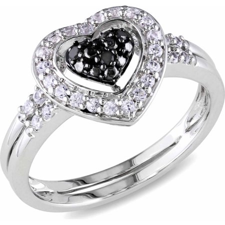 Double Blend - 1/3 Carat T.G.W. Created White Sapphire and Black Diamond-Accent Sterling Silver Double Band Heart Ring
