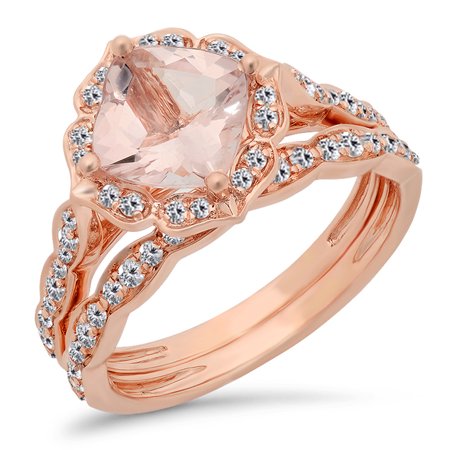 - 18K Rose Gold Cushion Cut Morganite & Round White Diamond Ladies Bridal Engagement Ring Set 2 CT