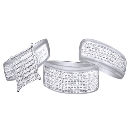- White Natural Diamond Engagement & Wedding Trio Bridal Bride Groom Ring Set In 14k White Gold Over Sterling Silver (0.33 Cttw)