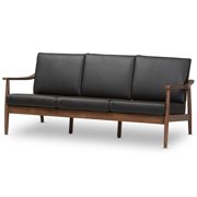 Faux Leather Sofas Baxton Studio Venza Mid Century Modern Walnut Wood Black Faux Leather 3 Seater Sofa