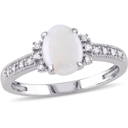 - 5/8 Carat T.G.W. Opal and Diamond-Accent 10kt White Gold Cocktail Ring