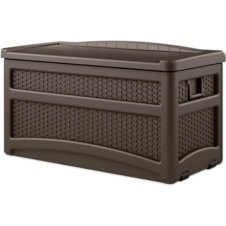- Suncast 73 Gallon Java Resin Wicker Storage Seat Deck Box with Wheels DBW7500
