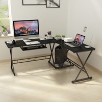 SLYPNOS L Shaped Computer Desk Corner Desk Glass Portable PC/PC Gaming Table Workstation with Easy-Glide Keyboard Tray and Free-Standing CPU Stand, Spacious Work Area for Study Home Office