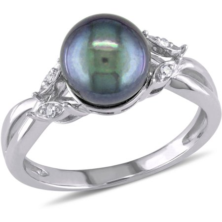 - 7.5-8mm Black Round Cultured Freshwater Pearl and Diamond-Accent 10kt White Gold Cocktail Ring