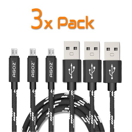 6ft High Speed Internet Cable - 3 Pack 6ft Durable Heavy Duty AGOZ Braided Micro USB FAST Charging Charger Data Sync Cable Cord For LG Premier, K10, Treasure L51AL L52VL, B470 / B471, G Vista H740
