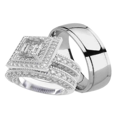 Him Ring Set - His and Hers Wedding Ring Set Matching Trio Wedding Bands for Him (Titanium) and Her (Sterling Silver) (6/13)