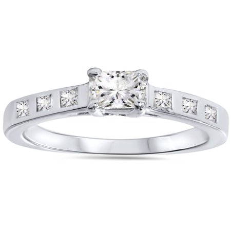 - 1ct Real Princess Cut Bezel Real Diamond Engagement Ring 14K White Gold