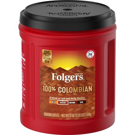 - Folgers 100% Colombian Ground Coffee, Medium-Dark Roast, 37-Ounce