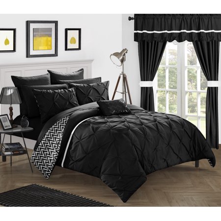Chic Home 20-Piece Potterville Complete Bed room in a bag super set. Pinch pleated design REVERSIBLE Chevron pattern Comforter Set, Sheets Set, window treatments and decorative pillows. King Black
