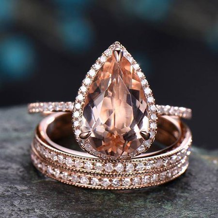 - Superb 3 Carat Pear Cut Morganite and Diamond Halo Trio Wedding Ring Set in Rose Gold
