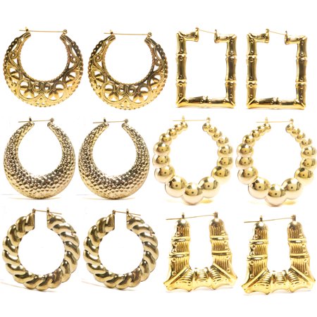 Large Bamboo Earrings FROG SAC 6 Pairs Assorted Bamboo Style Hollow Casting Large Gold Tone Pincatch Earrings 90s Inspired Fashion Jewelry Accessories for Women and Girls ()