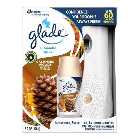 Glade Automatic Spray Holder and Cashmere Woods Refill Starter Kit, Battery-Operated Holder for Automatic Spray Refill, Up to 60 days of Freshness, 10.2 oz, 1 6.2 oz