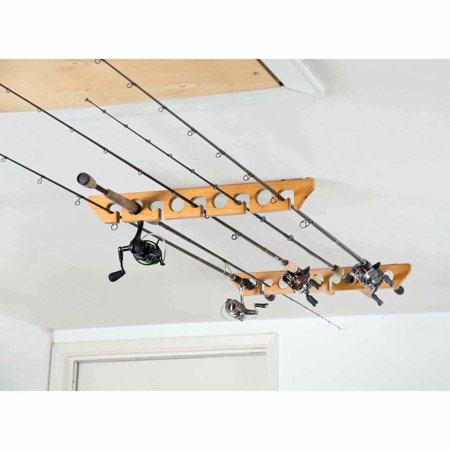 Organized Fishing Wooden Ceiling Horizontal Rod Rack, 9 