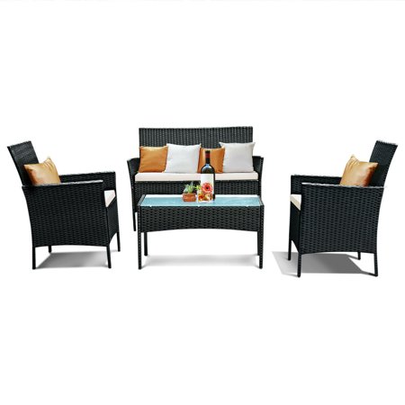 Costway 4 PC Outdoor Rattan Furniture Set Loveseat Sofa Cushioned Patio Garden Steel