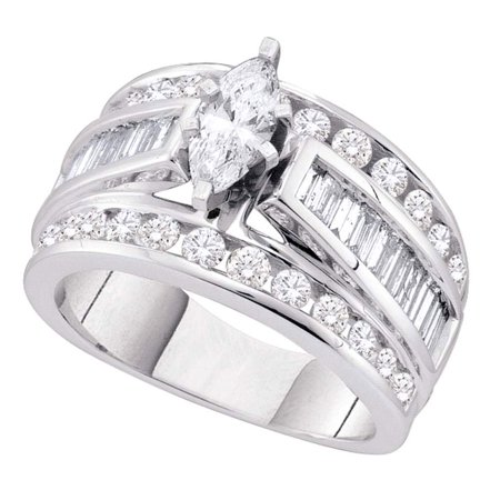 14k Gold Marquise Diamond Solitaire - 14k White Gold Marquise Diamond Solitaire Engagement Ring Fancy Bridal Ring Round Baguette Stones 1.0 ctw