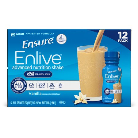 Ensure Enlive Advanced Nutrition Shake with 20 grams of High-Quality protein, Meal Replacement Shakes, Vanilla, 8 fl oz, 12