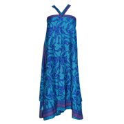 Mogul Women Wrap Around Skirt Blue Paisley Print Premium Silk Sari Two Layer Reversible Halter Dress