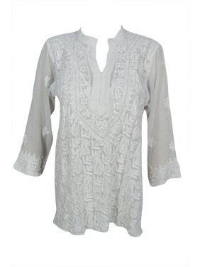 Mogul Women's Georgette White Tunic Blouse Sheer Embroidered 3/4 Sleeves Summer Bohemian Ethnic Top S