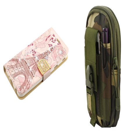 - PU Leather Bling Flip Cover Wallet Case (Eiffel Tower) with Jungle Camo Tactical EDC MOLLE Waist Bag Holder Pouch and Atom Cloth for Samsung Galaxy J7 Star 2018