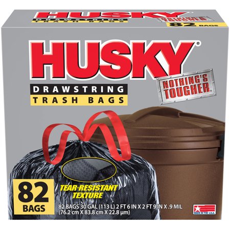 - Husky Drawstring Black Trash Bags, 30 Gallon, 82 Count