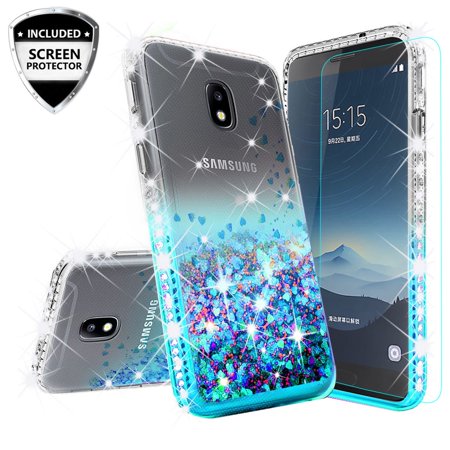 Cute Liquid Glitter Bling Diamond Bumper Phone Case for Samsung Galaxy J7 Crown Case,J7 Star Case,J7v 2nd Gen,J7 2018,J7 Refine Case w/Tempered Glass - (Best Cute Phone Cases)