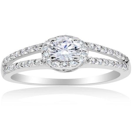 Brilliant Cut Solitaire Ring - 1 ct Halo Round Diamond Engagement Ring 14K White Gold Brilliant Cut Solitaire