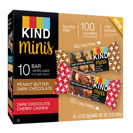 Kind Mini, Peanut Butter Dark Chocolate and Dark Chocolate Cherry Cashew, 10 Ct, Gluten Free, 100