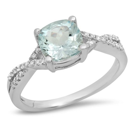 14k Celtic Engagement Ring - 14K White Gold Cushion Aquamarine & Round White Diamond Ladies Swirl Split Shank Bridal Engagement Ring