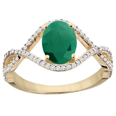 - 14K Yellow Gold Natural Cabochon Emerald Ring Oval 8x6 mm Infinity Diamond Accents, sizes 5 - 10
