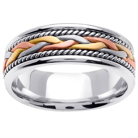 - 18K Tri Color Gold French Braid Handmade Comfort Fit Women's Wedding Band (7mm)