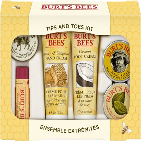 Burt's Bees Tips and Toes Kit Holiday Gift Set, 6 Travel Size Products in Gift Box - 2 Hand Creams, Foot Cream, Cuticle Cream, Hand Salve and Lip (Best Balm For Cracked Hands)