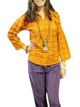 Mogul Women’s Yoga Festival Tunic Cotton Bohemian Block Print Orange & Red Om Kurta Tunic Shirt M