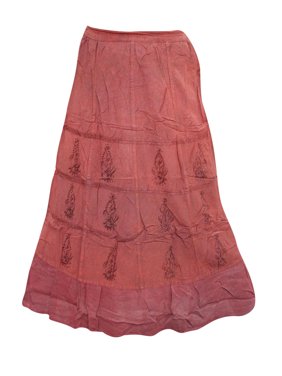 Mogul Women's Stonewashed Skirt Red Floral Embroidered Rayon Skirts