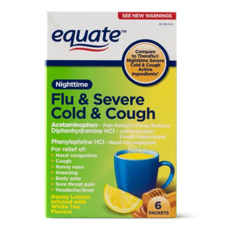 Equate Nighttime Flu & Severe Cold & Cough Packets, 650 mg, 6