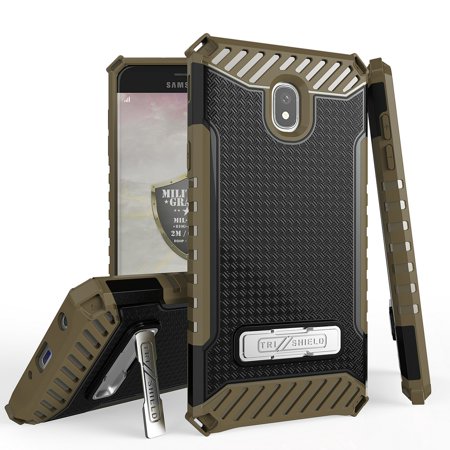 Beyond Cell Tri Shield Military Grade Drop Tested [MIL-STD 810G-516.6] Kickstand Cover Case and Atom Cloth Samsung Galaxy J7 Aero - Black /