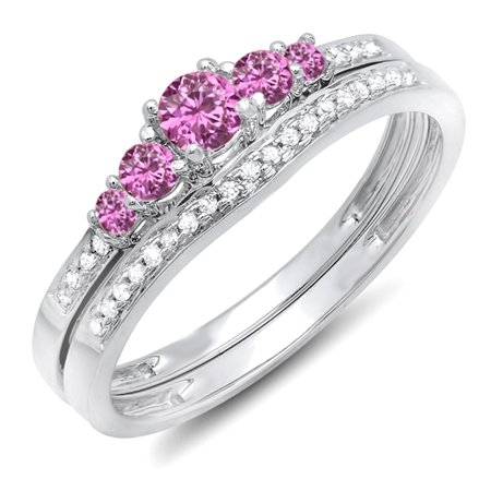 Sapphire Five Stone Ring - Dazzlingrock Collection 18K Round Pink Sapphire And White Diamond 5 Stone Bridal Engagement Ring Set, White Gold, Size 5.5