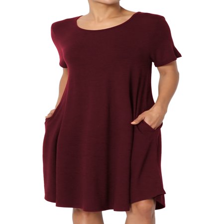 TheMogan Women's S~3X Short Sleeve Draped Jersey Knit Pocket A-Line T-Shirt Dress