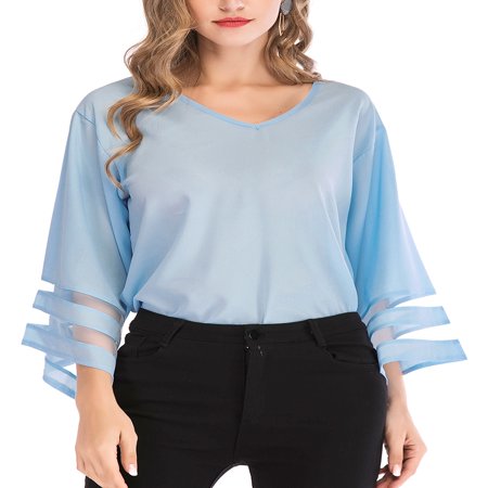 - LELINTA Womens Plus Blouses & Shirts Lace Patchwork 3/4 Sleeve V-Neck Super Soft Top, Up Size To 5XL, Purple/ Pink/ Black/ Blue Color