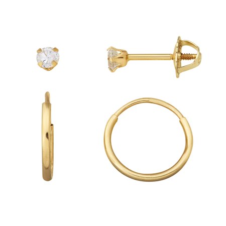 3mm Large Hoop Earrings - Kids' 10kt Yellow Gold 3mm CZ Stud and 12mm Endless Hoop Earrings Set